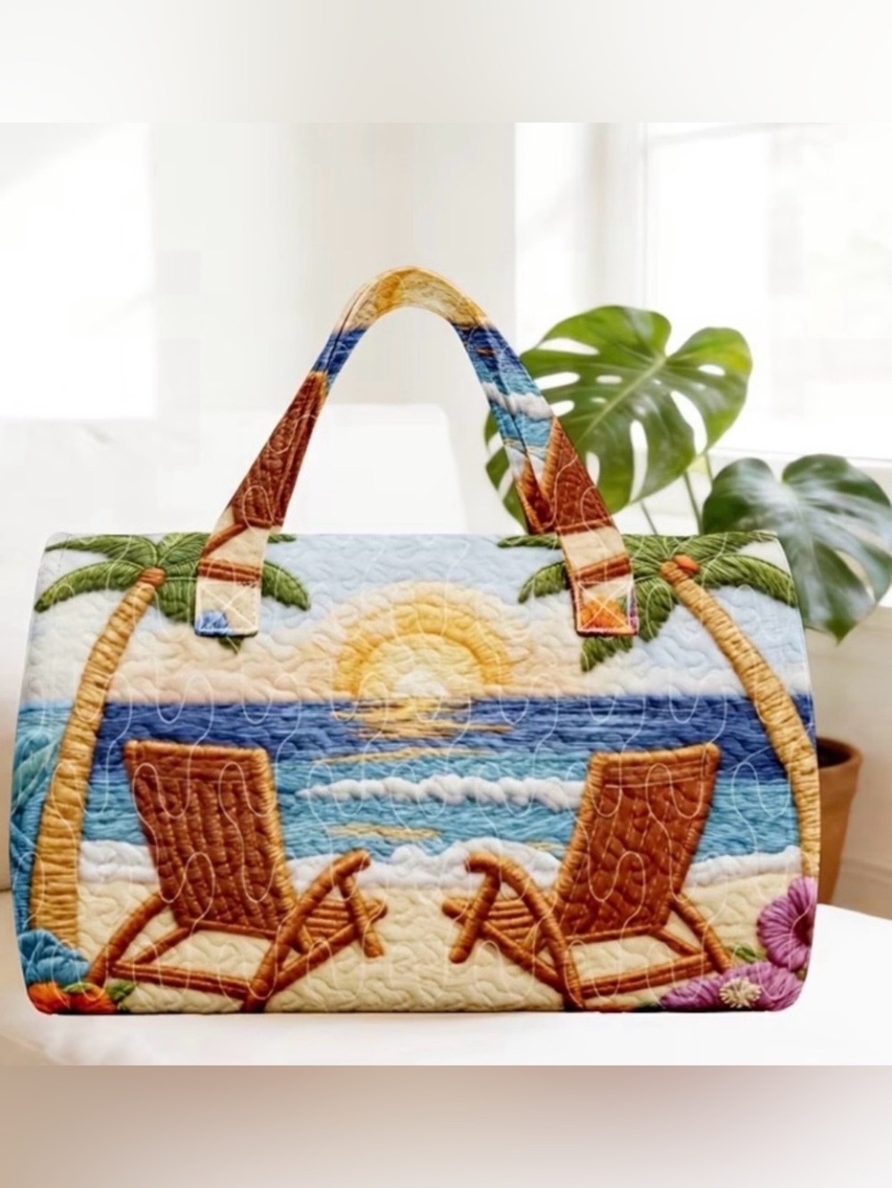 Quilted Duffel Travel Bag With Double Handles, Beach Theme,
17”X 9”X”8” (New)